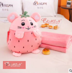 Pink Strawberry Design Crimson Toy Cum Blanket For Kids-GIRI001TKS