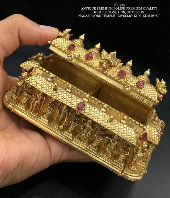 Golden Temple ,  Design Matt Gold Finish Nagashi Work Temple Jewellery Kumkum Box / Sindoor Cheppu for Women -SAY001TDKM