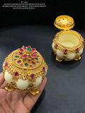Manikyam , Marble Finish Kumkum Dabbi with Golden embellishments and Kemp stones-SAY001MFKM