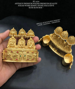 Laxmi , Ganesh ,Saraswati design Gold finish Nagas Work Gold Finish Kumkum  cheppu /Sindur  Box for Women -SAY001MGGLS