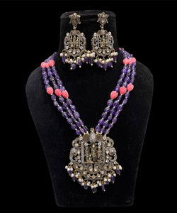 Victorian Style Violet Beads and Coral Tulips Long Necklace Set with Ram Darbar Pendant and Earrings -JSK001RDVT