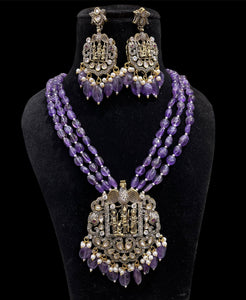 Victorian Style Violet Beads Long Necklace Set with Ram Darbar Pendant and Earrings -JSK001RDV