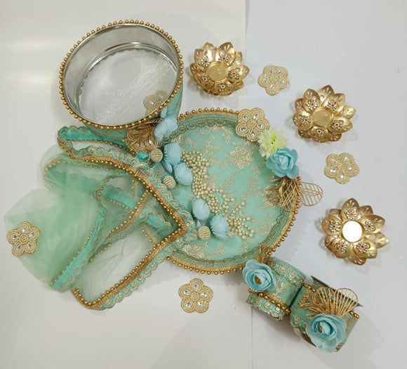 Charismatic floral karwachauth Tali Set in pastel Agave Blue  shade - DEEP001AB