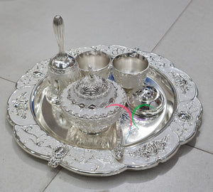 Exclusive collection for festive season Puja Celebrations White Enamel German Silver Pooja Set -USS001WE
