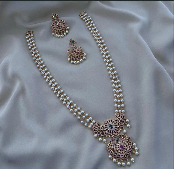Malhar , Elegant Matt Gold Finish Long Pearl Necklace Set for Women -SAMAR001PNS