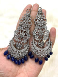 Anarkali Blue , Zircon Diamond Long earrings in  Victorian Black finish With Deep Blue Beads Hanging with back clip support-SANDY001B