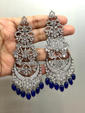 Anarkali Blue , Zircon Diamond Long earrings in  Victorian Black finish With Deep Blue Beads Hanging with back clip support-SANDY001B