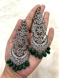 Anarkali Green , Zircon Diamond Long earrings in  Victorian Black finish With Green Beads Hanging with back clip support-SANDY001