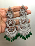 Anarkali Green , Zircon Diamond Long earrings in  Victorian Black finish With Green Beads Hanging with back clip support-SANDY001