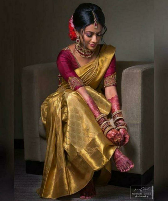 Jana Ranjini , Bridal Pure kanchipuram silk saree handwoven with 1 g pure Zari gold pattern saree-SRI001KSB