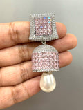Pastel Pink  and White stone studded Diamond Invisible stone  Setting Jumka for Women-SANDY001IJWPP