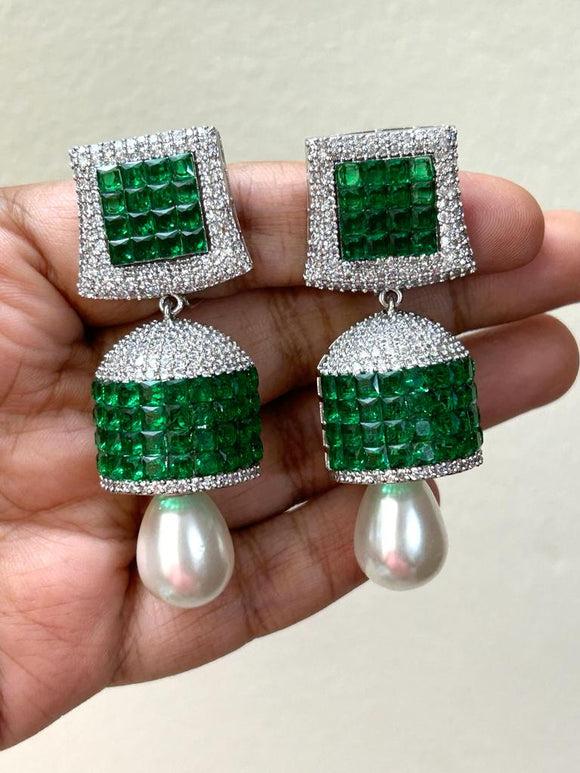 Green and White stone studded Diamond Invisible stone  Setting Jumka for Women-SANDY001IJWG