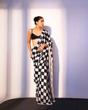 Black and White Chess Board Design Sequins Saree for Women -SATYA001CS