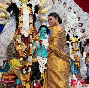 Bollywood Celebrity Inspired Pure chanderi handloom Golden tissue saree for  Women-SHABI001GTS