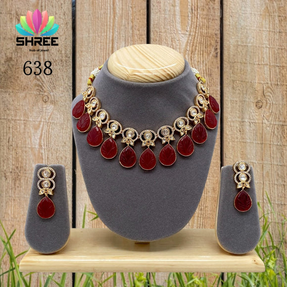 Zareena , Gold Finish Kundan Necklace Set with Carved stone Hangings -SANDY001CSNB