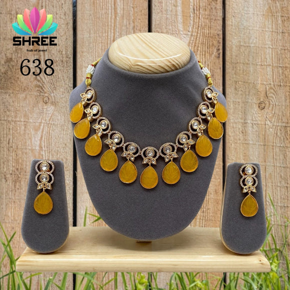 Zaibah , Gold Finish Kundan Necklace Set with Carved stone Hangings -SANDY001CSNC