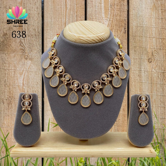 Zeesha   , Gold Finish Kundan Necklace Set with Carved stone Hangings -SANDY001CSNH