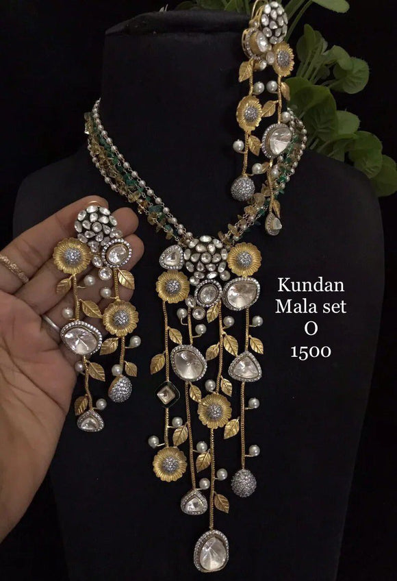 Madhurika , Kundan Necklace Set with Flowing Pendant and Earrings-JAY001KNS