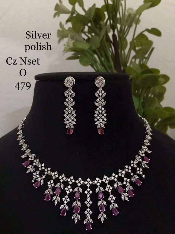 Daisy Ruby ,Pink Ruby  stones studded Silver Finish American Diamond Necklace Set for Women -SHYAM001DR