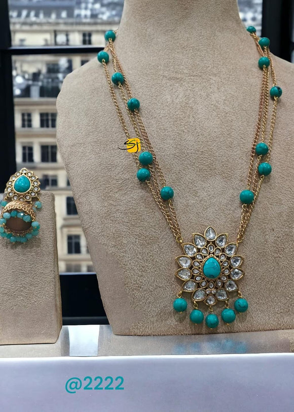 Hiranmayi  ,Gold Finish  Elegant Kundan Necklace Set with Turquoise Blue Beads for Women -RADHE001TN