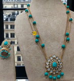 Hiranmayi  ,Gold Finish  Elegant Kundan Necklace Set with Turquoise Blue Beads for Women -RADHE001TN