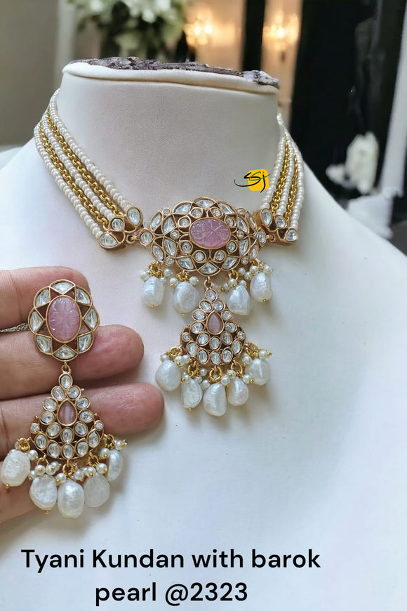 Shylaja , elegant Tyani Kundan Pearl Choker Necklace Set for Women -RADHE001PCA