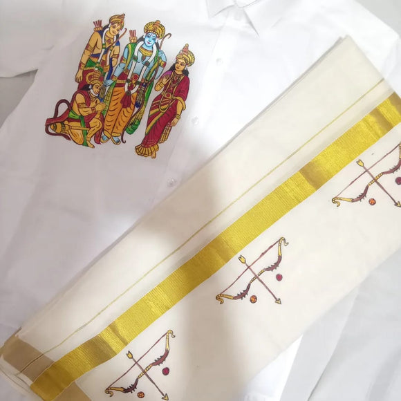 Ram Parivar Design Hand painted Shirt and Dhoti Combo for Celebrating Ram Navami -KASAV001RP