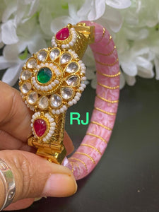 Gold plated Ahemdabadi Kundan Pink openable bangle for women -LR001BWP