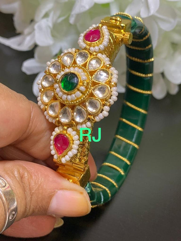 Gold plated Ahemdabadi Kundan Green openable bangle for women -LR001BWG