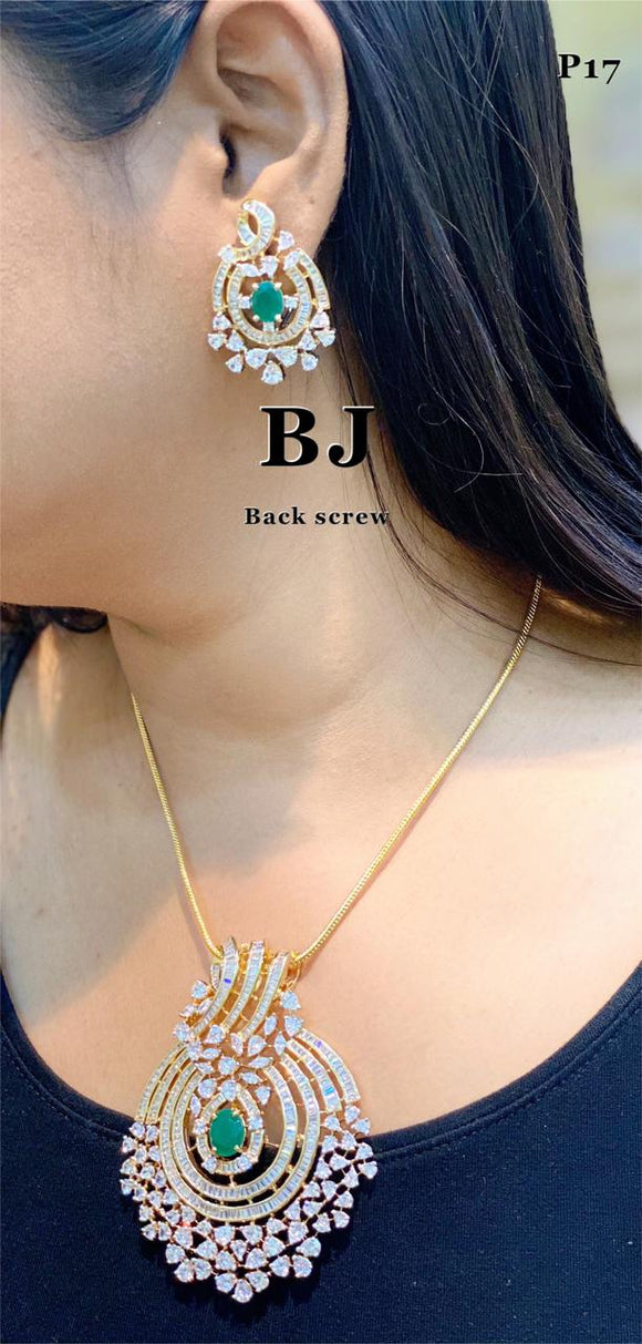 Maggie Gold Finish Diamond Replica Pendant With Back Screws Earrings with Chain for Women -SANDY001DRB