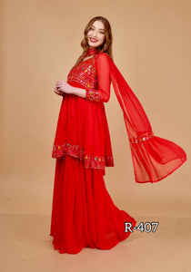 Stunning sharara 3-piece attire with heavy sequins  work in colors like Red -FOF001RS