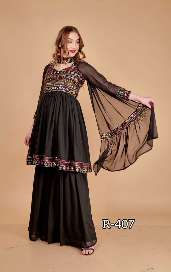 Stunning sharara 3-piece attire with heavy sequins  work in colors like Black -FOF001BLS