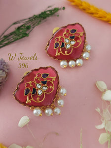 Brick Red  Stone Studded Designer Earrings with Pearl Hangings-SONA001JBRE