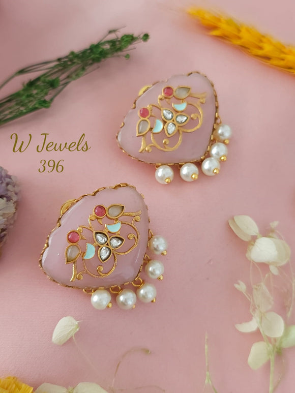 Pastel Pink  Stone Studded Designer Earrings with Pearl Hangings-SONA001JPPE