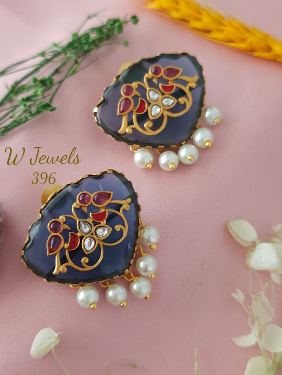 Grey  Stone Studded Designer Earrings with Pearl Hangings-SONA001JGRE