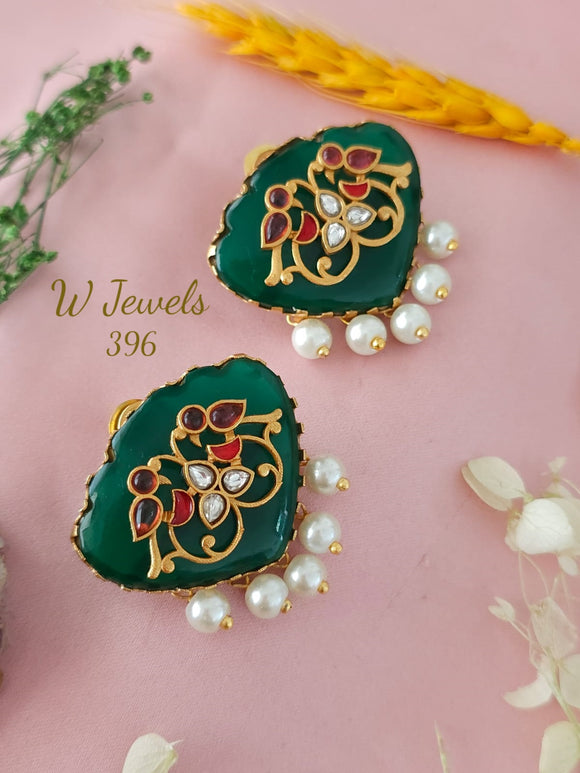 Jade Green  Stone Studded Designer Earrings with Pearl Hangings-SONA001JGE