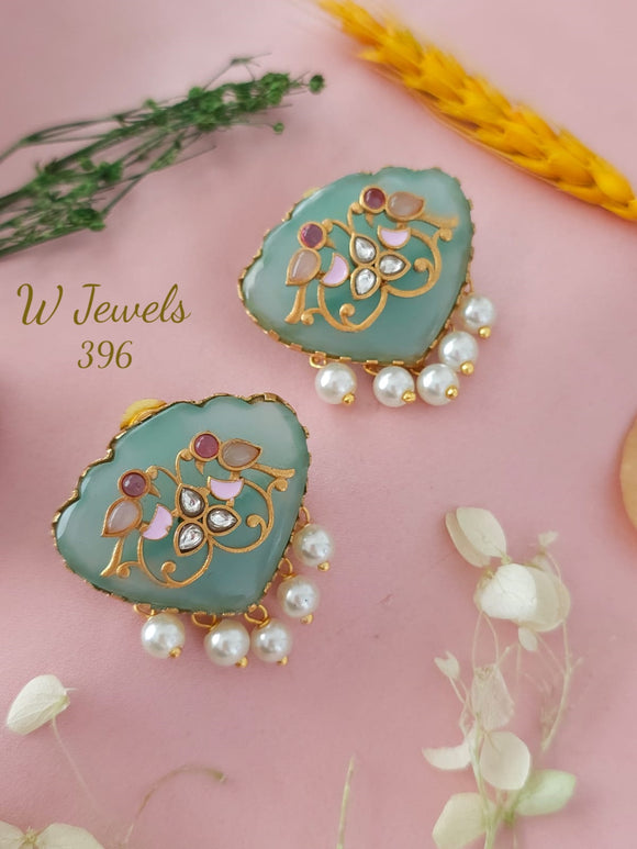 Pastel Green  Stone Studded Designer Earrings with Pearl Hangings-SONA001JPGE