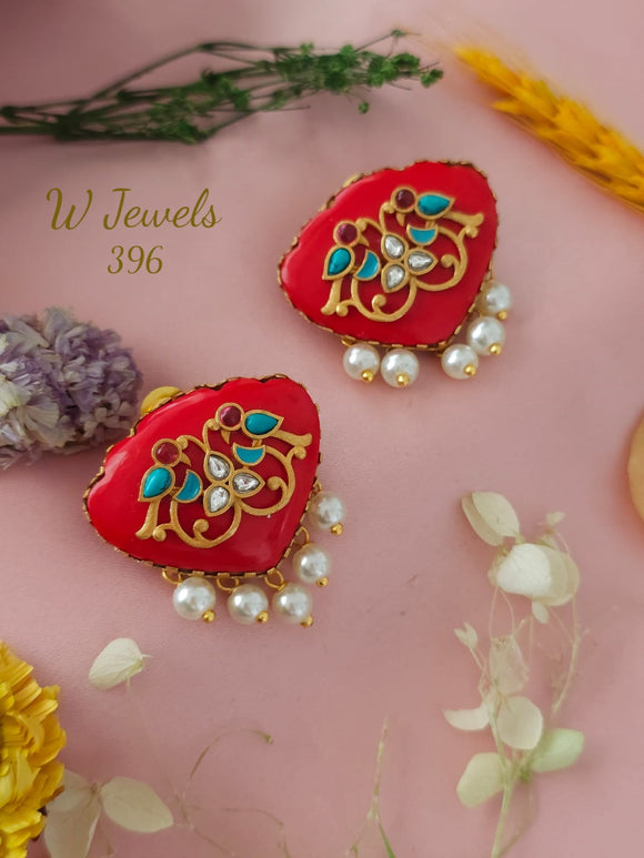 Red Stone Studded Designer Earrings with Pearl Hangings-SONA001RE