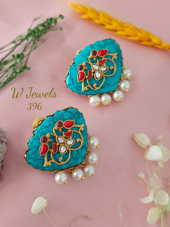 Turquoise  Stone Studded Designer Earrings with Pearl Hangings-SONA001TE