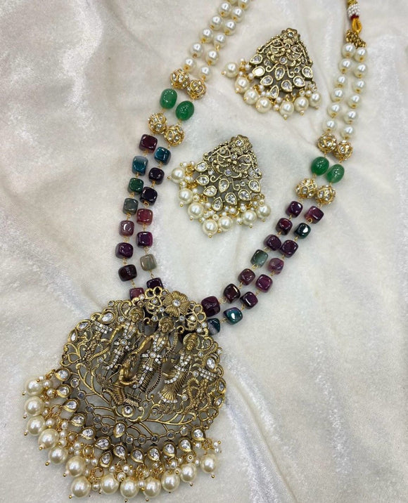 Ram Darbar Necklace Set set in Victorian finishing with handmade aati puwai-MOE001RDB