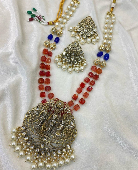 Ram Darbar Necklace Set set in Victorian finishing with handmade aati puwai-MOE001RDC