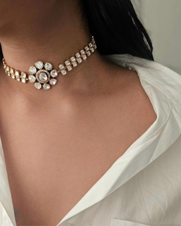 Suman , Gold finish Premium Quality Moissanite Choker Necklace Set for Women -MOE001MC