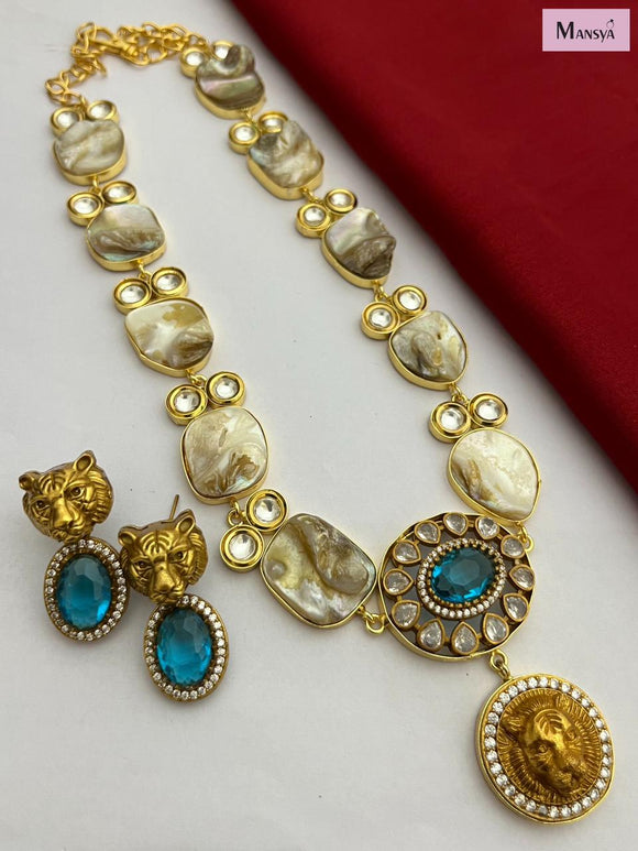 Sea Blue  Stone studded Elegant Baroque Necklace Set for Women -MOE001BNSD