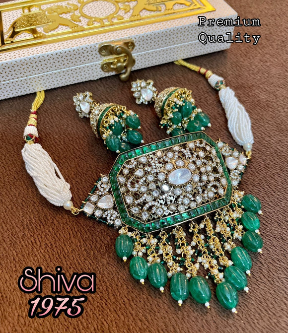 Hiranmayi , elegant Gold finish Green Beads Hanging Choker Necklace set for women -SANDY001PC
