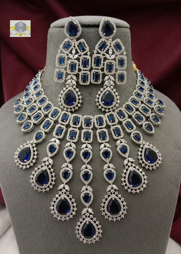Adriana Blue stone studded American Diamond Necklace set for women -SANDY001ADB
