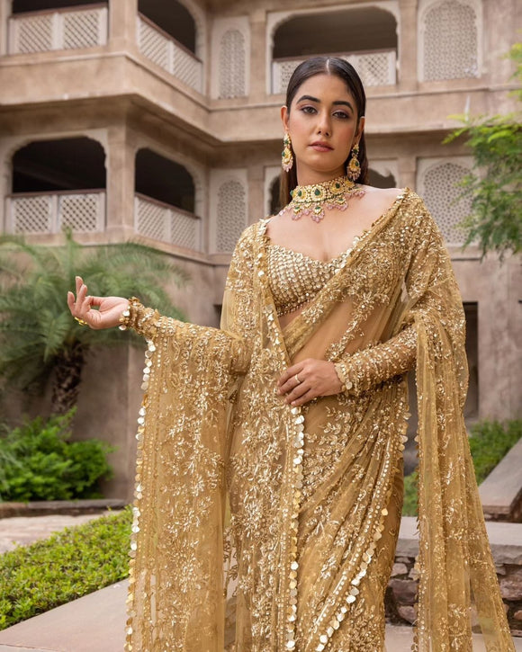 Golden Beauty , New Trending Bollywood Block Buster Sequins Saree for women -SOC001BRG