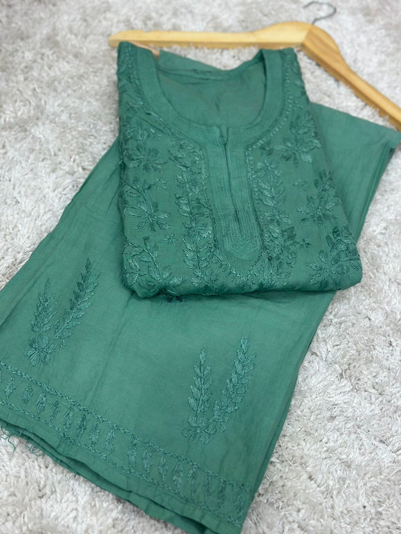 Pista Green shade Chikankari cotton kurti palazo for women -AFREE001PG