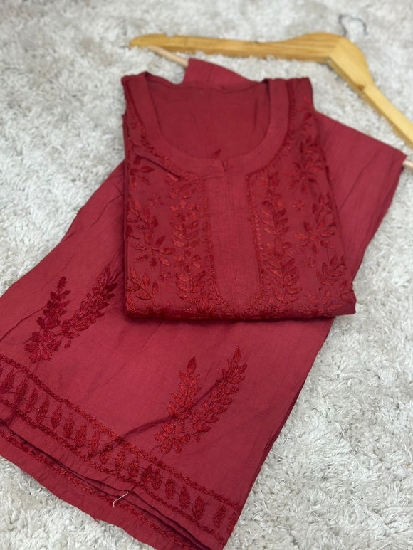 Brick red shade Chikankari cotton kurti palazo for women -AFREE001BR
