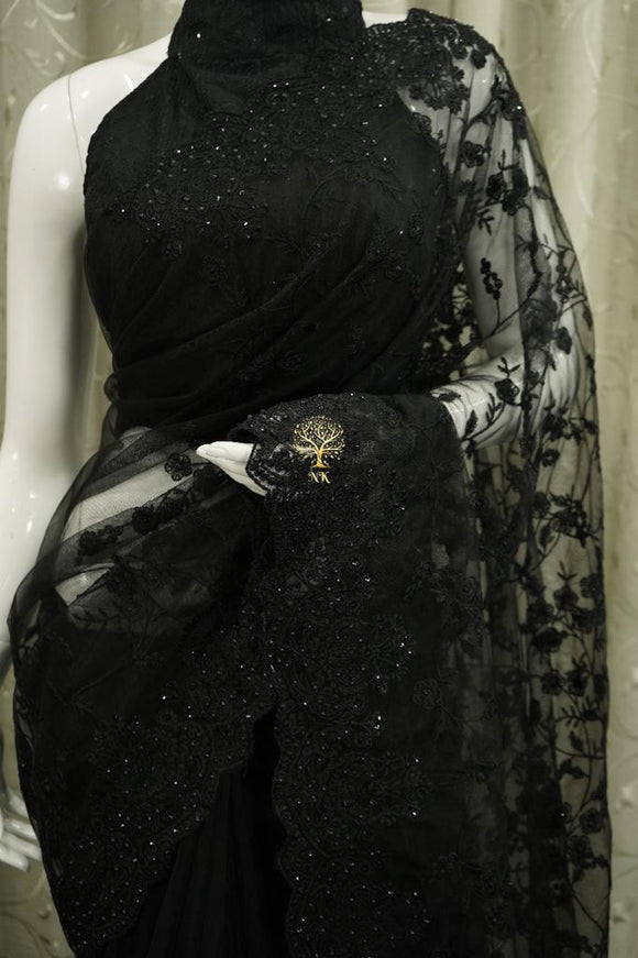 Black  Beautiful designer soft net saree with chikankari work all over highlighted with diamond work-ANI001PSBL