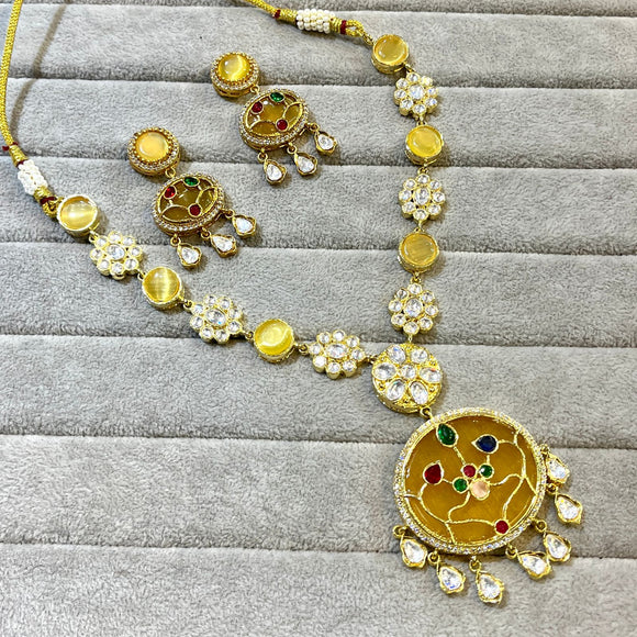 Rani Yellow Elegant Kundan Necklace Set for Women -SANDY001NSY